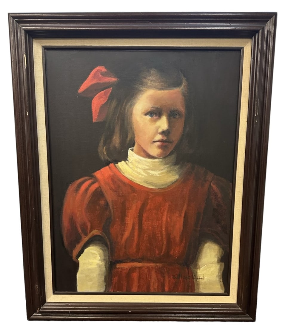 VINTAGE OIL ON CANVAS OF YOUNG GIRL: Vintage Oil on Canvas Young Girl Portrait. Signed illegibly. In wood frame with linen liner. In frame 24"x29"x2". Weight 6 pds.