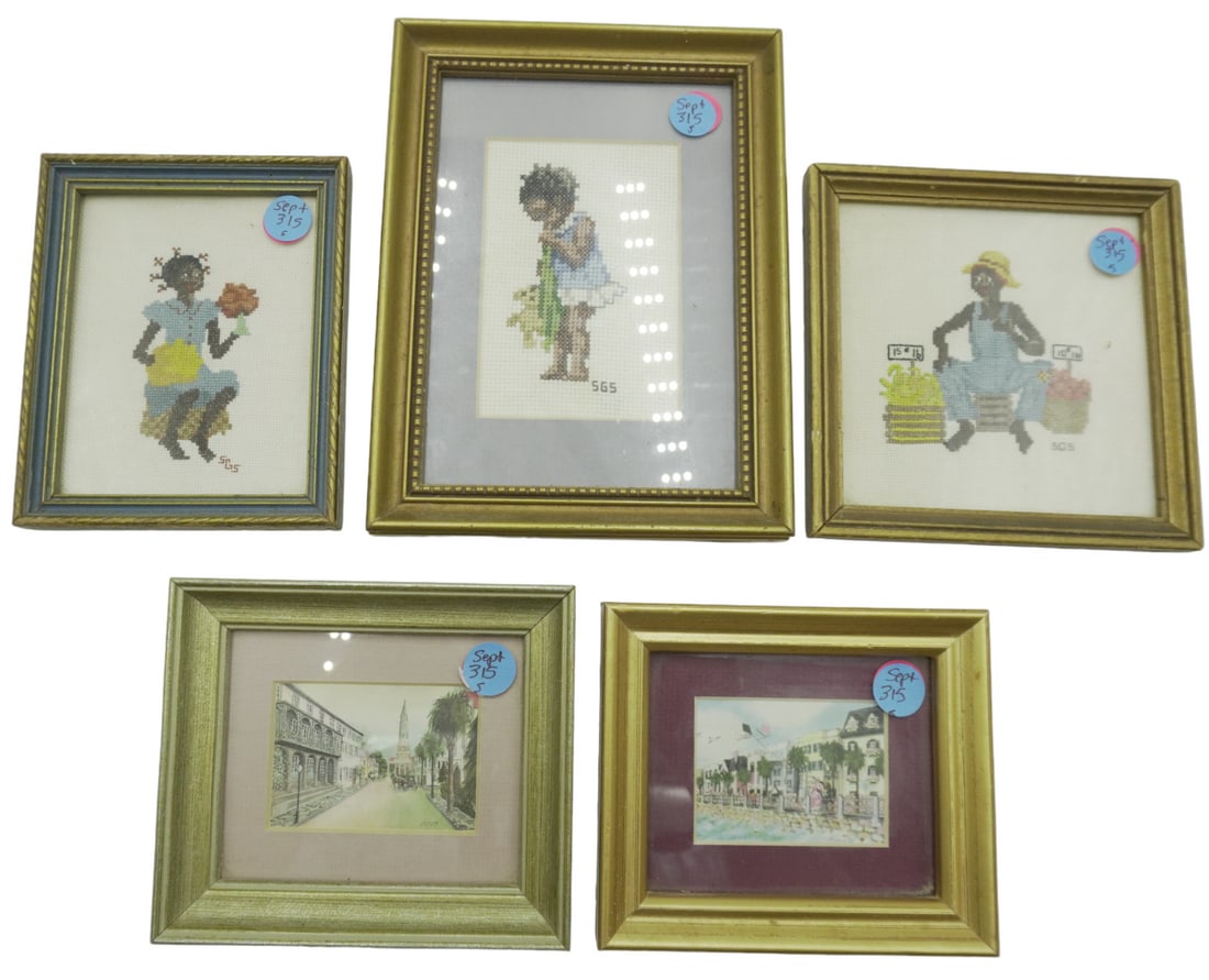 5 PC AFRICAN AMERICAN FOLK ART NEEDLEWORK AND PRINTS OF CHARLESTON (1 of 7)