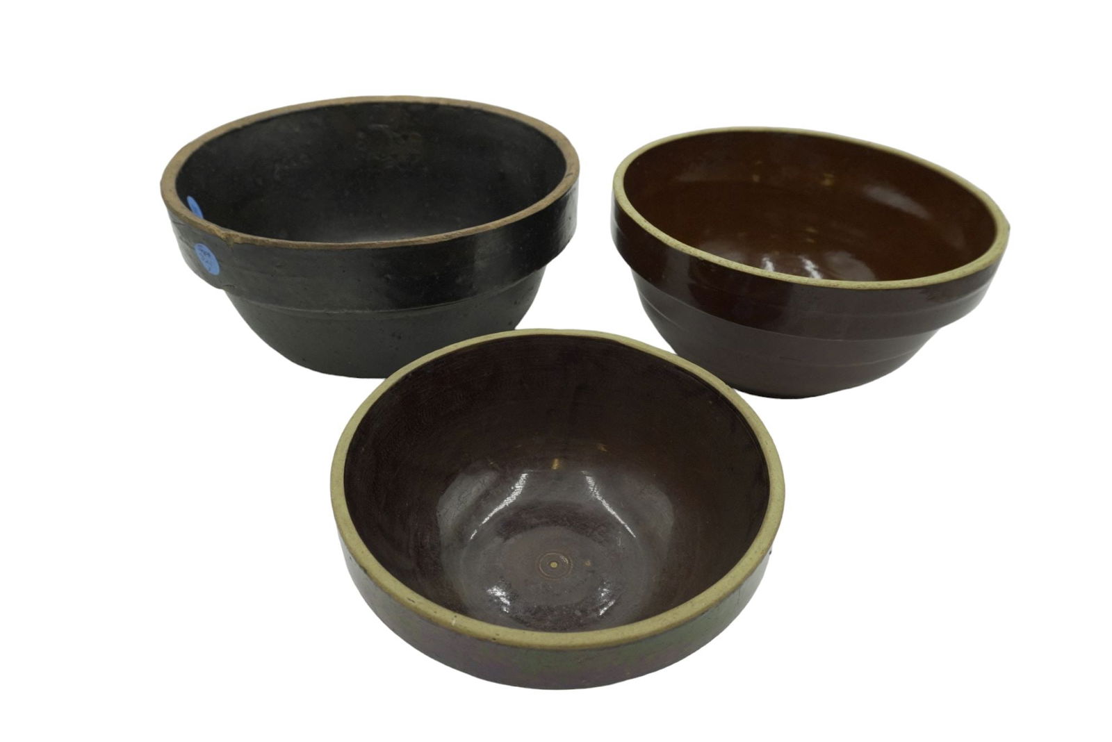3 ANTIQUE GLAZED STONEWARE BATTER AND MIXING BOWLS (1 of 8)