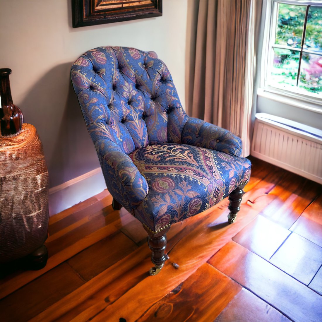 TRADITIONAL HAND TUFTED SLIPPER CHAIR: Traditional Hand Tufted Slipper Chair. Contemporary Upholstery on Casters. 22.5"x22"x31".
