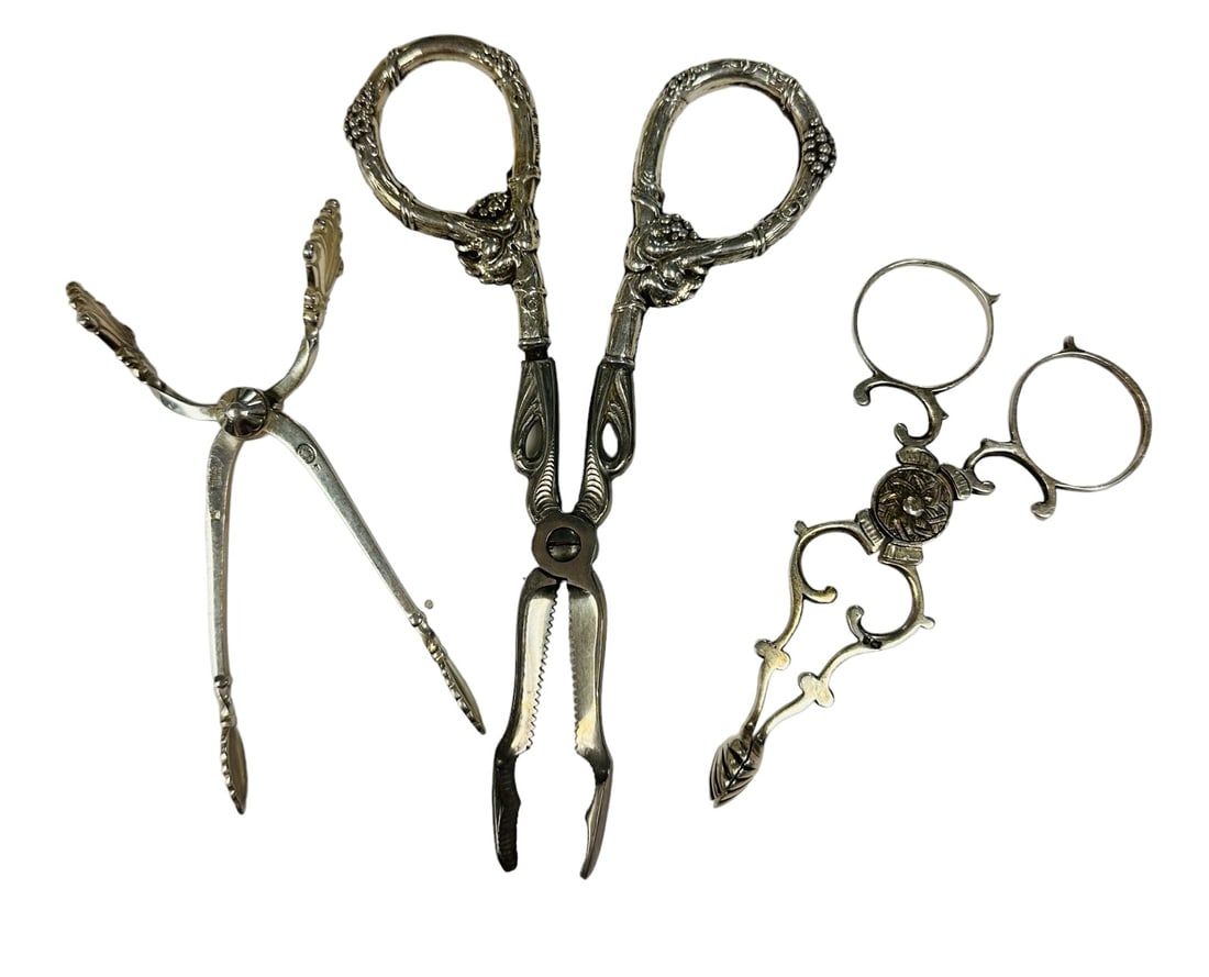 3 ANTIQUE STERLING SILVER TONGS - GRAPE SHEAR (1 of 5)