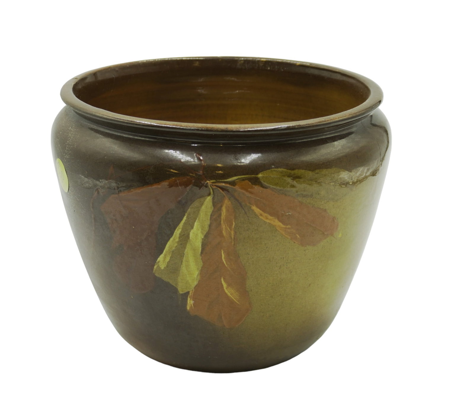 WELLER POTTERY DECORATED JARDINIERE: Brown Standard Brown Glaze Leaf Decorated Jardinaire attributed to Weller. Earlly 20h c. 10"x10"x8,25". Weight 5 lbs