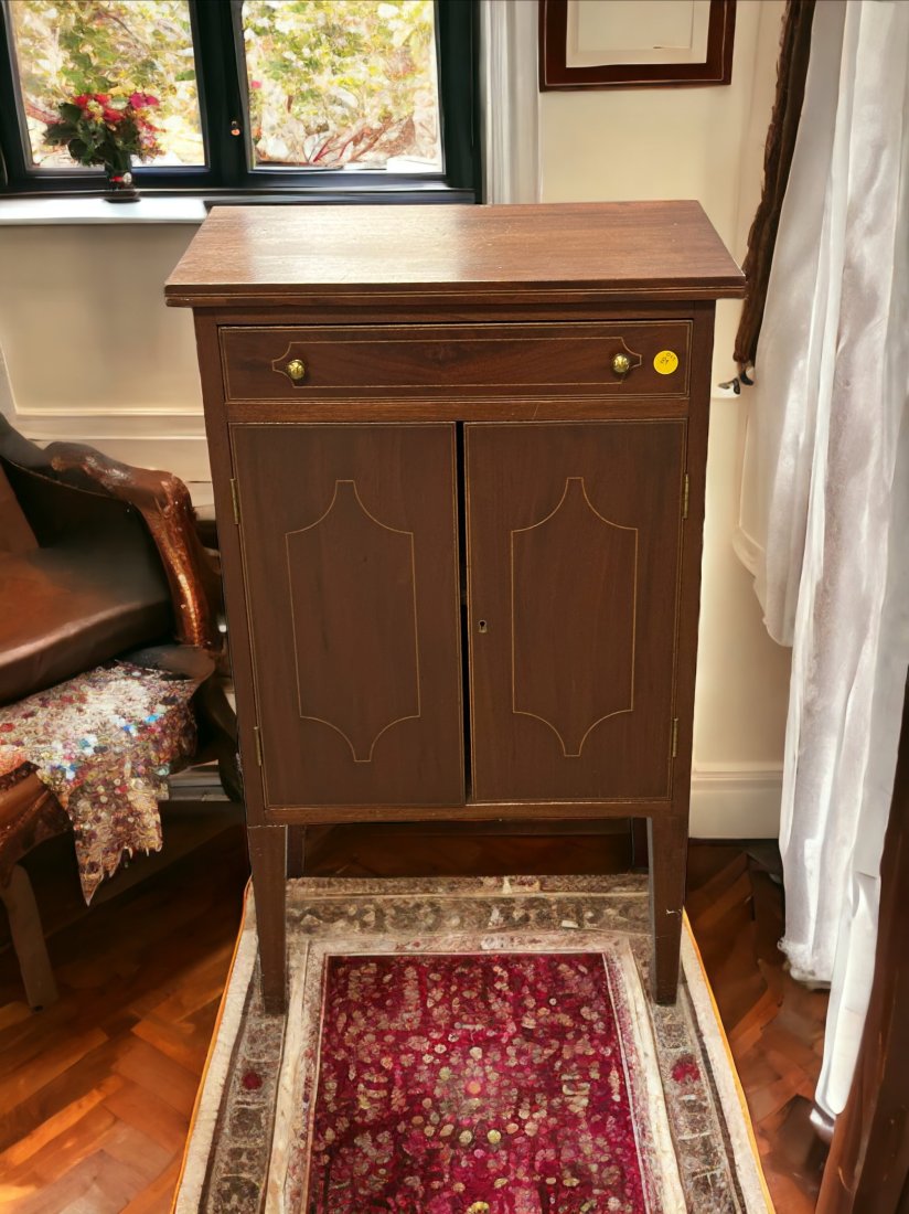 EDWARDIAN 2 DOOR MUSIC CABINET: Edwardian 2 Door Music Cabinet with One Drawer and Fruitwood Stringing. Measures 24"x23"x37.5"