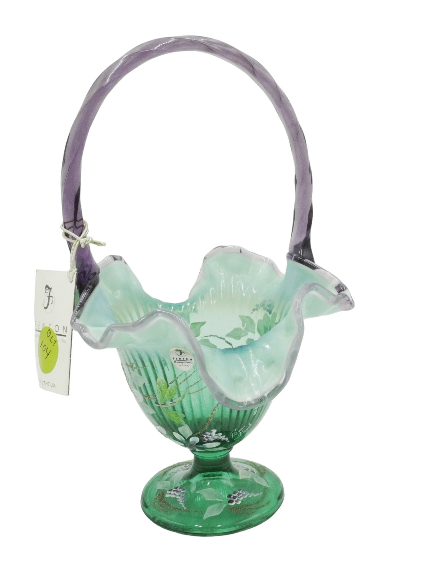 SCARCE FENTON SPRUCE GREEN OPALESCENT BASKET (1 of 10)