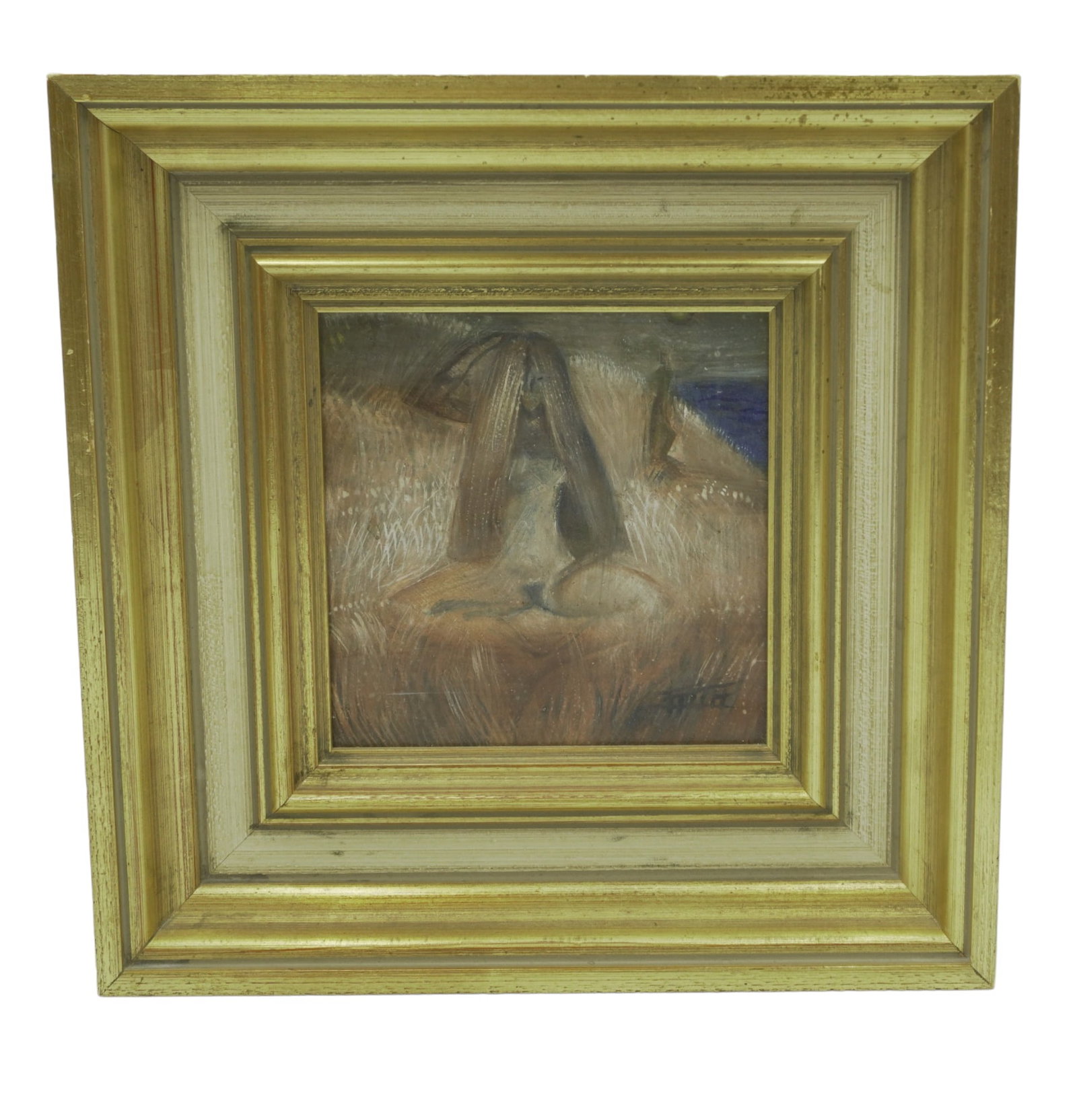 BARBARA FRITH (1925-2007) EGG TEMPURA & OIL NUDE: Barbara Frith (1925â€“2007) Egg Tempura and Oil on Masonite "Brenda" from her Nude Series II painted in 1971. Gilt wood frame. 12"x12"x2". Weight 2 lbs 2 oz. Barbara Frith began her art studies a