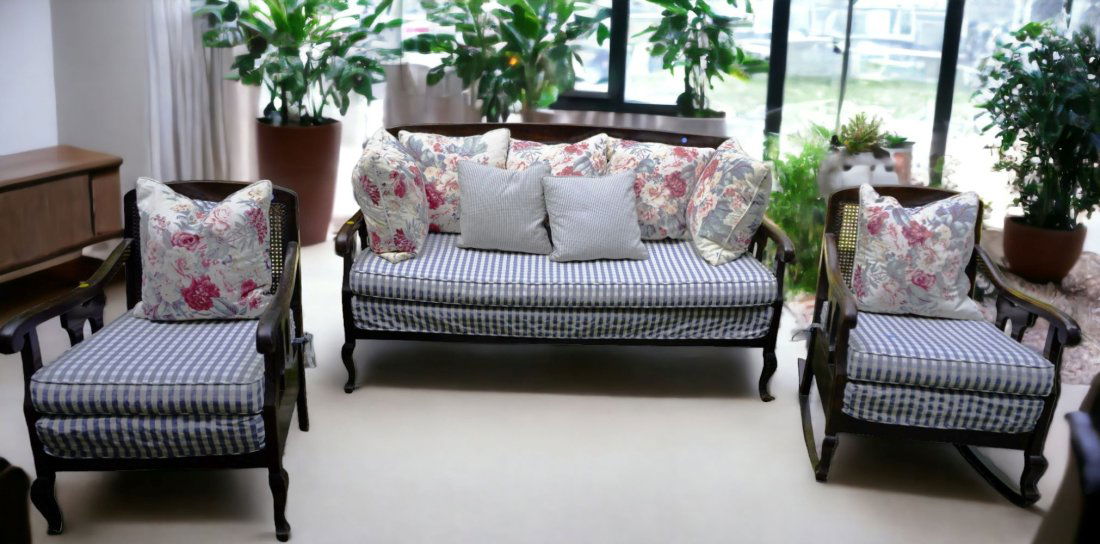 3 pc VINTAGE CANE BACK WOOD SOFA & CHAIRS (1 of 9)