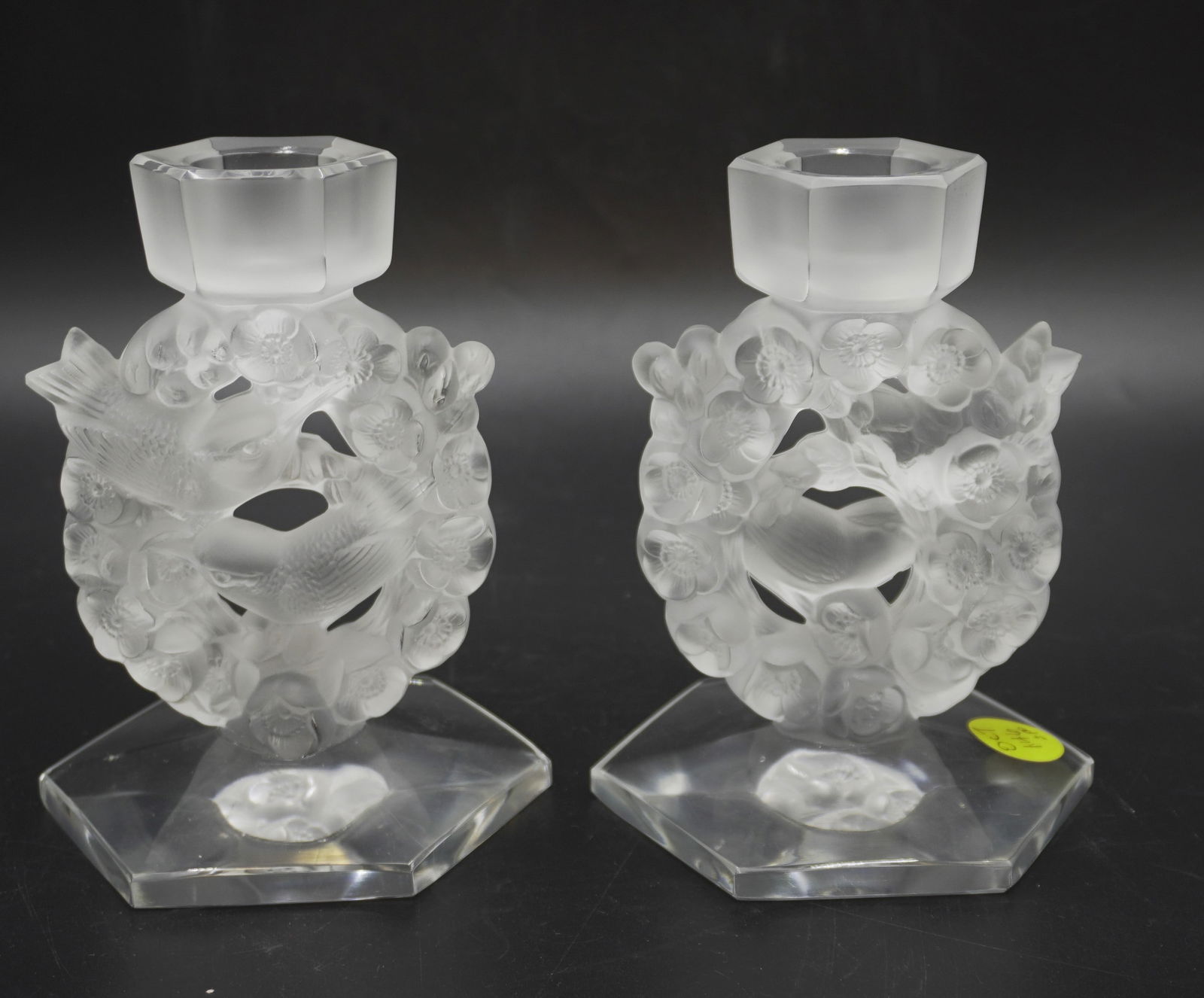 PAIR LALIQUE CRYSTAL MESANGES CANDLESTICKS (1 of 7)