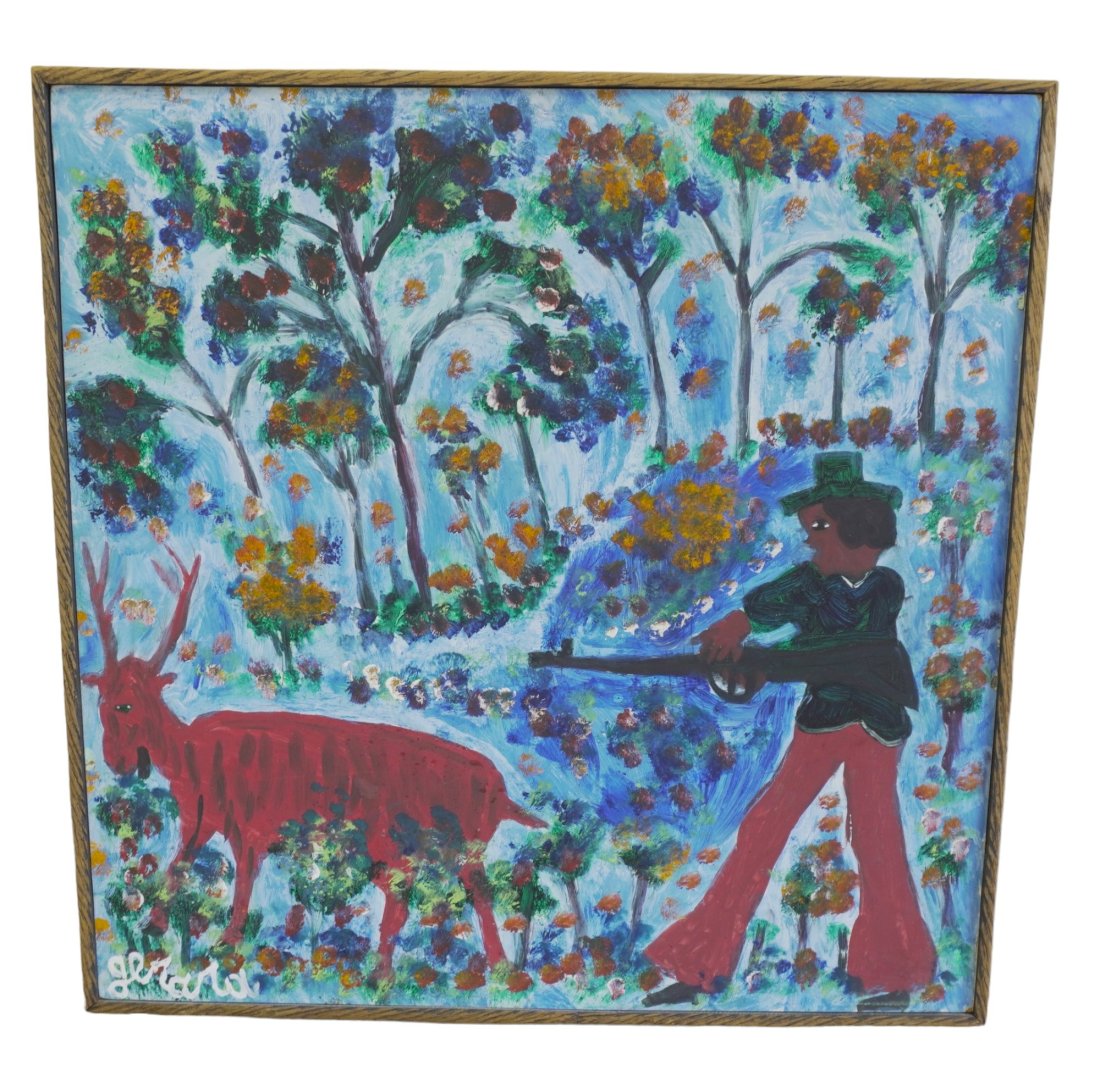 GERARD FORTUNE (Haitian, 1925-2019) FOLK ART: Gerard Fortune (Haitian, 1925-2019) Acrylic on Masonite. Untitled, 1960s. Measures 25"x25"x1.50". Weight 5 lbs.Gerard was born near where he spent the rest of his life, in Montagne Noire, above Petion