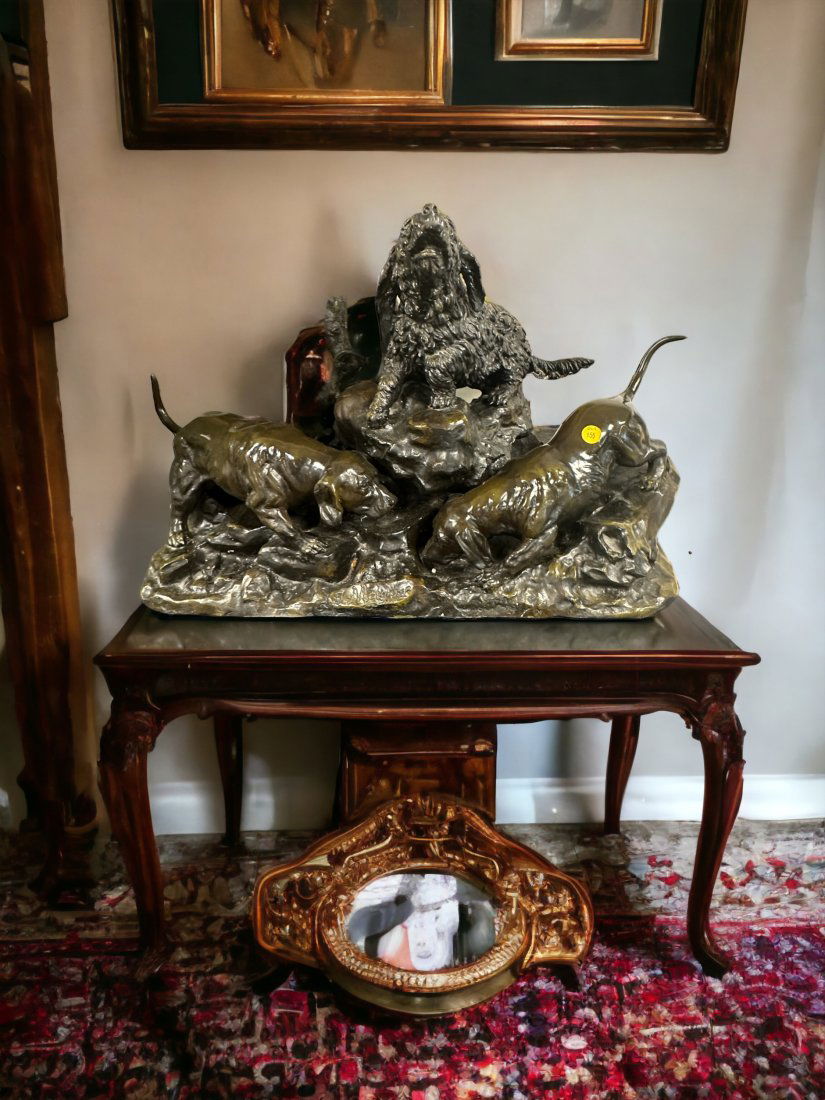 LARGE BRONZE PATINA MOIGNIEZ SCULPTURE 3 DOGS IN THE BURROW (1 of 8)