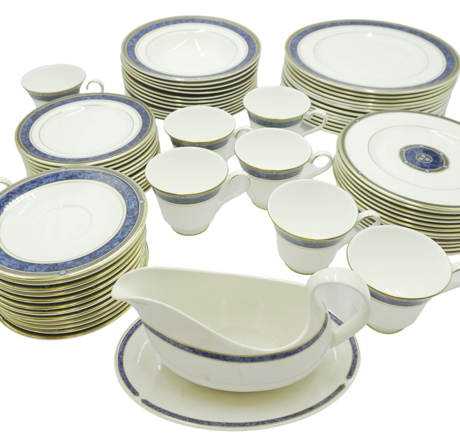 ROYAL DOULTON 75 pc STANWYCK SERVICE FOR 12: Royal Doulton like new, unused 75 Piece Stanwyck Service for 12. Bone China , Georgian Shape, Blue Marble Band. 12 Dinner Plates 10.5". 12 Rim Soup Bowls 8 1/8". 12 Salad Plates 8". 12 Bread & Butter 