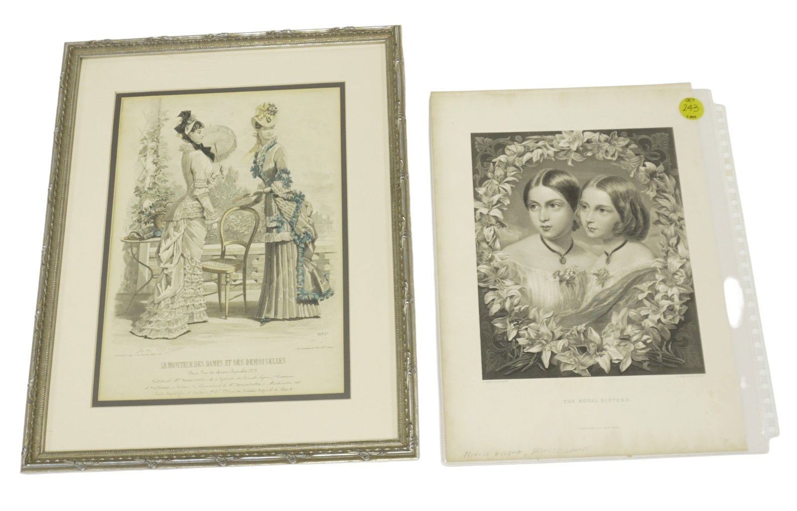 PAIR OF ANTIQUE FASHION PRINTS: Pair of antique prints. One framed french fashion print and one print of "The Royal Sisters" depicting Princess Helena and Princess Louise of England. Sisters print measures 10.5"x14" and French Fashi