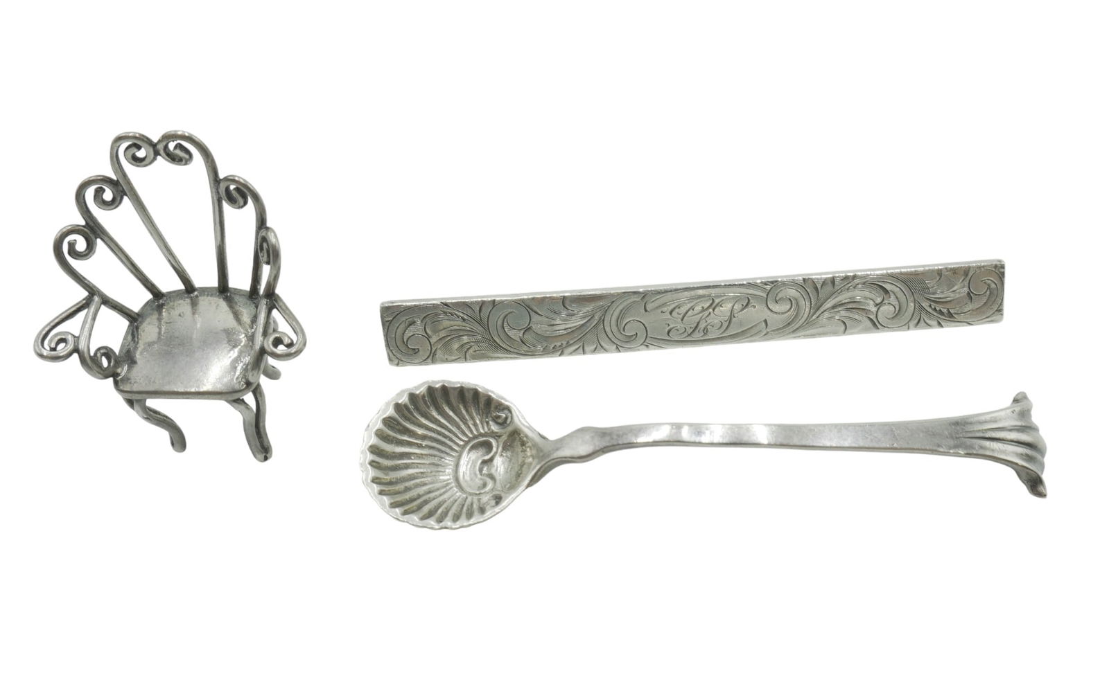 3 PC STERLING PIN, SALT SPOON & CHARM STIEFF - WHITING: All are sterling. 1- Stieff Vintage Etched Scroll Bar Pin, monogrammed 2.75". 2 - Ornate Frank M. Whiting Salt Spoon 2.75". 3- Sterling Chair 1.25". Approximate weight on all 28 grams.