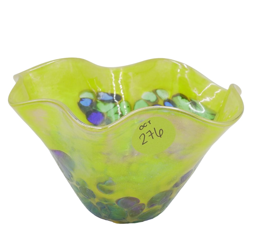 GLASS EYE IRIDESCENT YELLOW SPATTER BOWL: Glass Eye iridescent yellow spatter bowl. Measures about 6"x3.5", weighs 10.1 oz. PROVENANCE: The estate of a Charleston SC Fenton Dealer and noted Glass Collector.