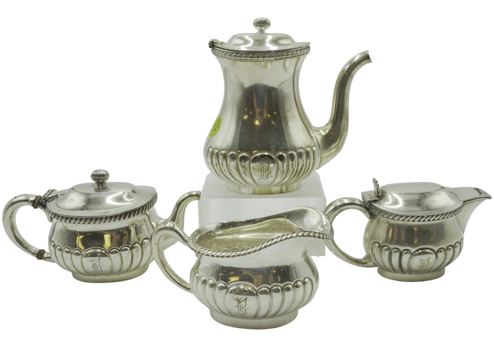 4 PC ANTIQUE AMERICAN SILVER SOLDERED COFFEE SERVICE (1 of 14)