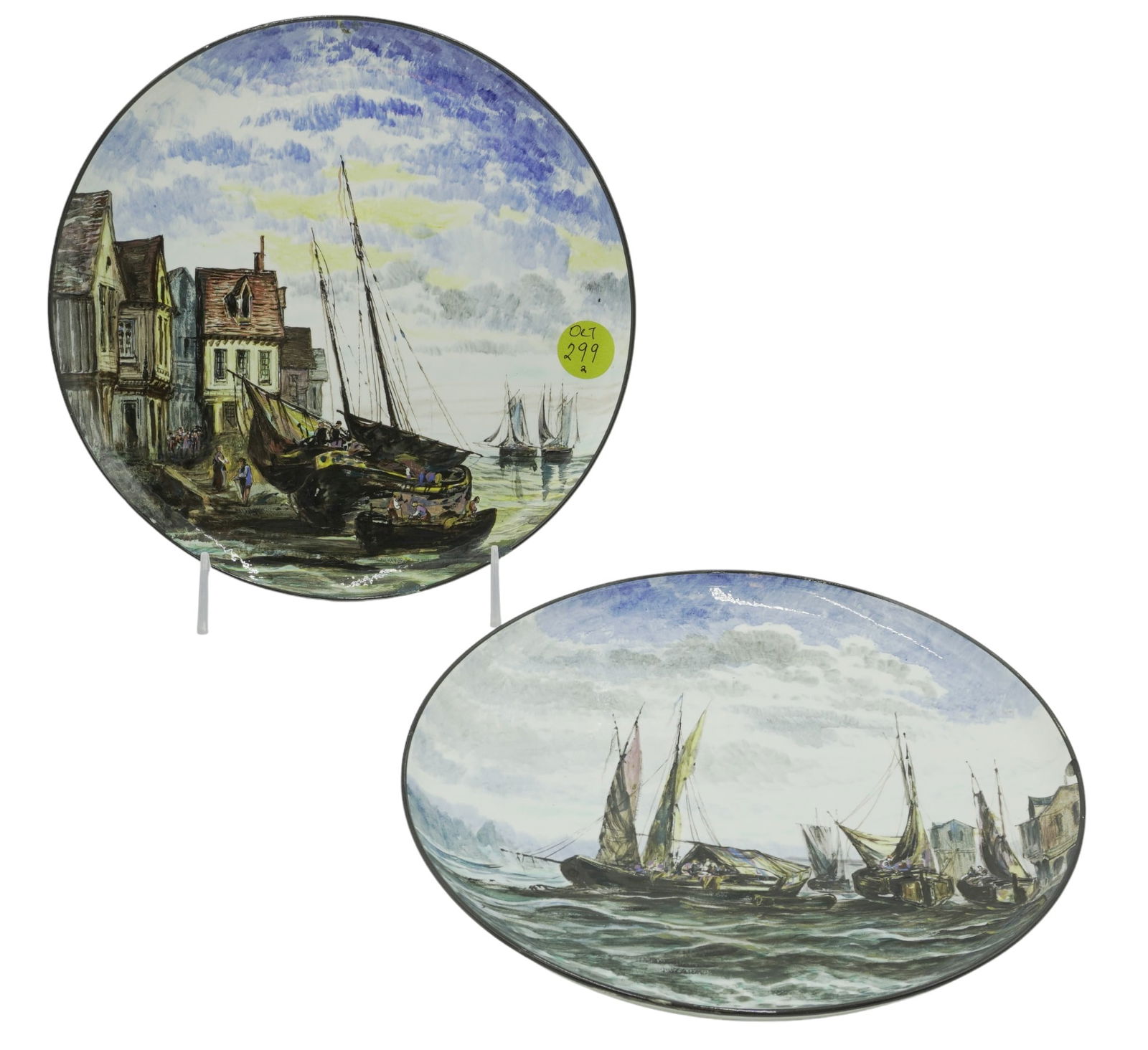 PAIR VINTAGE GIEN FRENCH HAND PAINTED PLATES: Pair Vintage Gien French Hand Painted Plates. Both Maritime Scenes. Signed on the back. Each 9.5". Weight 2 lbs 8 oz.