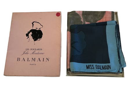 2 VINTAGE BALMAIN PARIS SILK SCARFS: 1- 1960-70 Pierre Balmain Silk and Chiffon Scarf in soft Pink and Black Chiffon Floral Front and Cream Silk Back. 2- 1960-70 Miss Balmain Silk Scarf. Both have hand-rolled edges. Both Measure