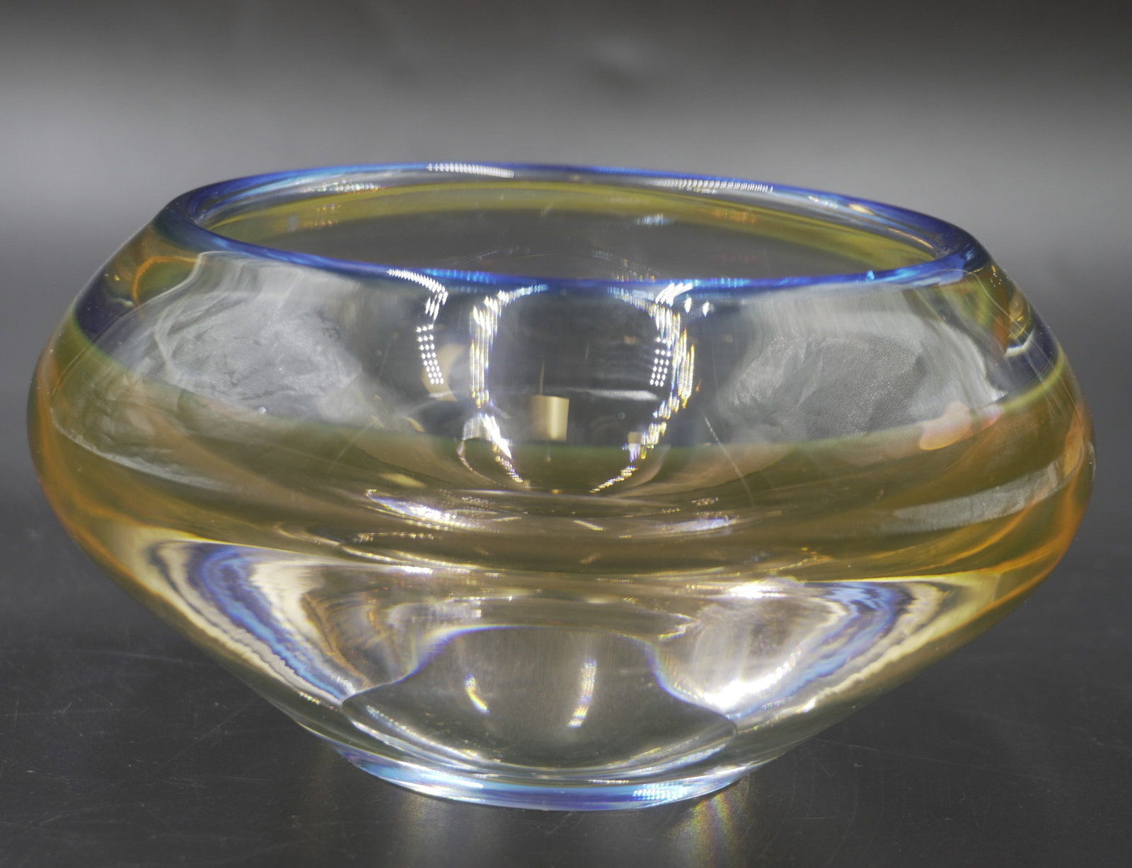 MINIMALIST MODERN GLASS BOWL: Minimalist Modern Blue and Amber Glass Bowl, Measures 6"x6"x3.5". Weight 3 lbs 2 oz