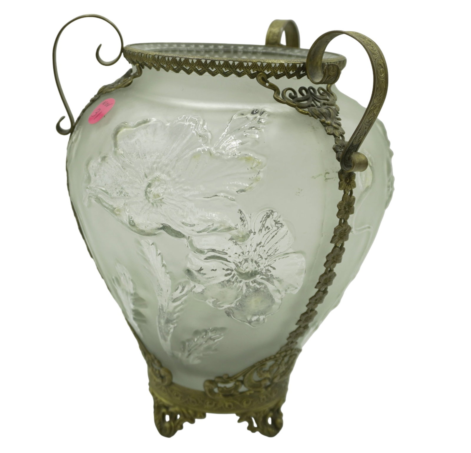 FROSTED GLASS POPPY VASE WITH GILDED BRASS: 20th Century Frosted Glass Art Nouveau Style Poppy Vase with Gilded Brass Overlay and Rococo Handles. Measures 8"x8"x10.25". Weight 4 lbs 8 oz.