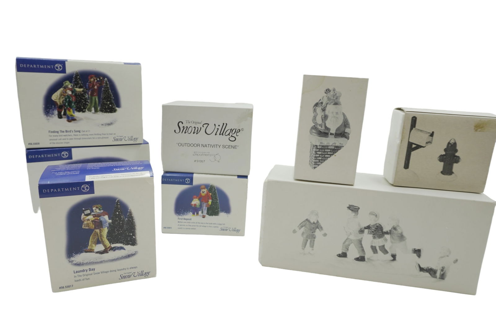 DEPARTMENT 56 SNOW VILLAGE LOT - 15 PIECES: 15 pieces of Department 56 "Snow Village" items. Total lot weight is 5 lbs. Items are all in the original boxes and named as follows: Down the Chimney He Goes, Outdoor Nativity Scene, Finding The Bird