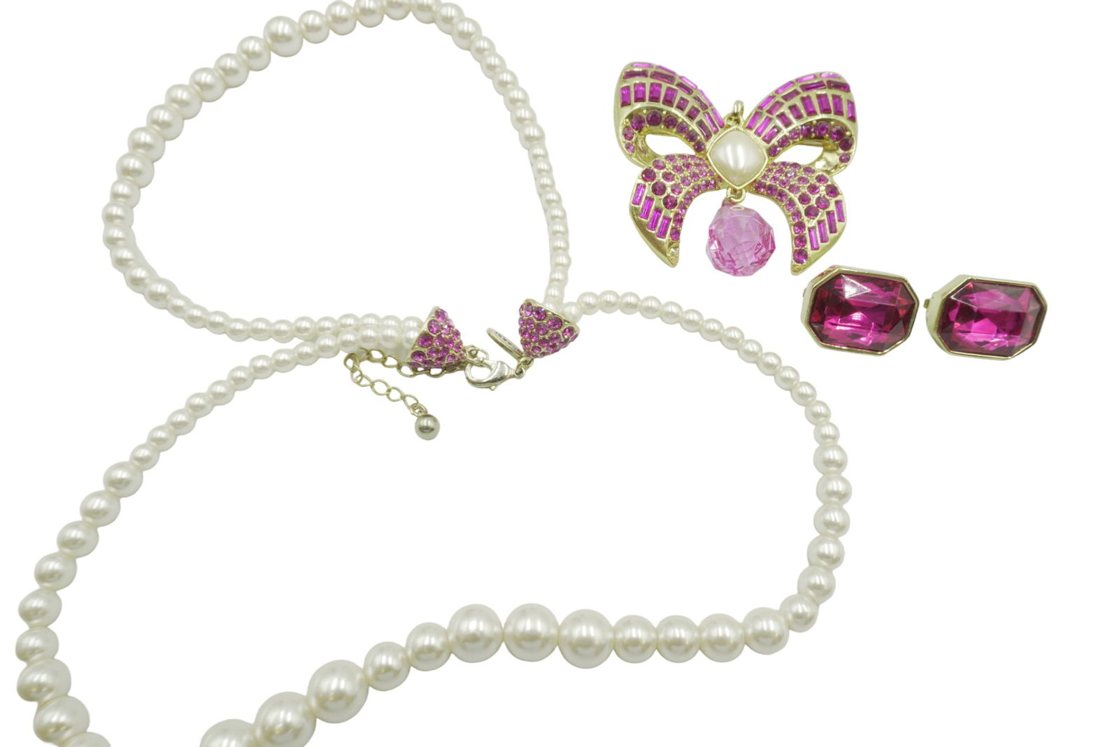 SCASSI 3 PC RASPBERRY & PEARL NECKLACE - BROOCH - EARRINGS (1 of 6)