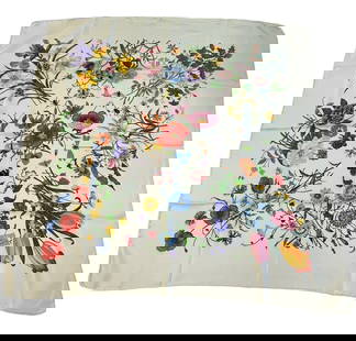 VINTAGE GUCCI "FLORA" SILK SCARF: Gucci "Flora" white multicolor iconic floral print silk scarf. Iconic "Flora" print originally designed by Vittorio Accornero in 1966 for Grace Kelly. White silk twill. Multicolor floral, insect, and