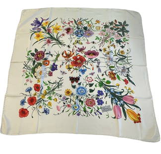 VINTAGE GUCCI "FLORA" SILK SCARF: Gucci "Flora" white multicolor iconic floral print silk scarf. Iconic "Flora" print originally designed by Vittorio Accornero in 1966 for Grace Kelly. White silk twill. Multicolor floral, insect, and