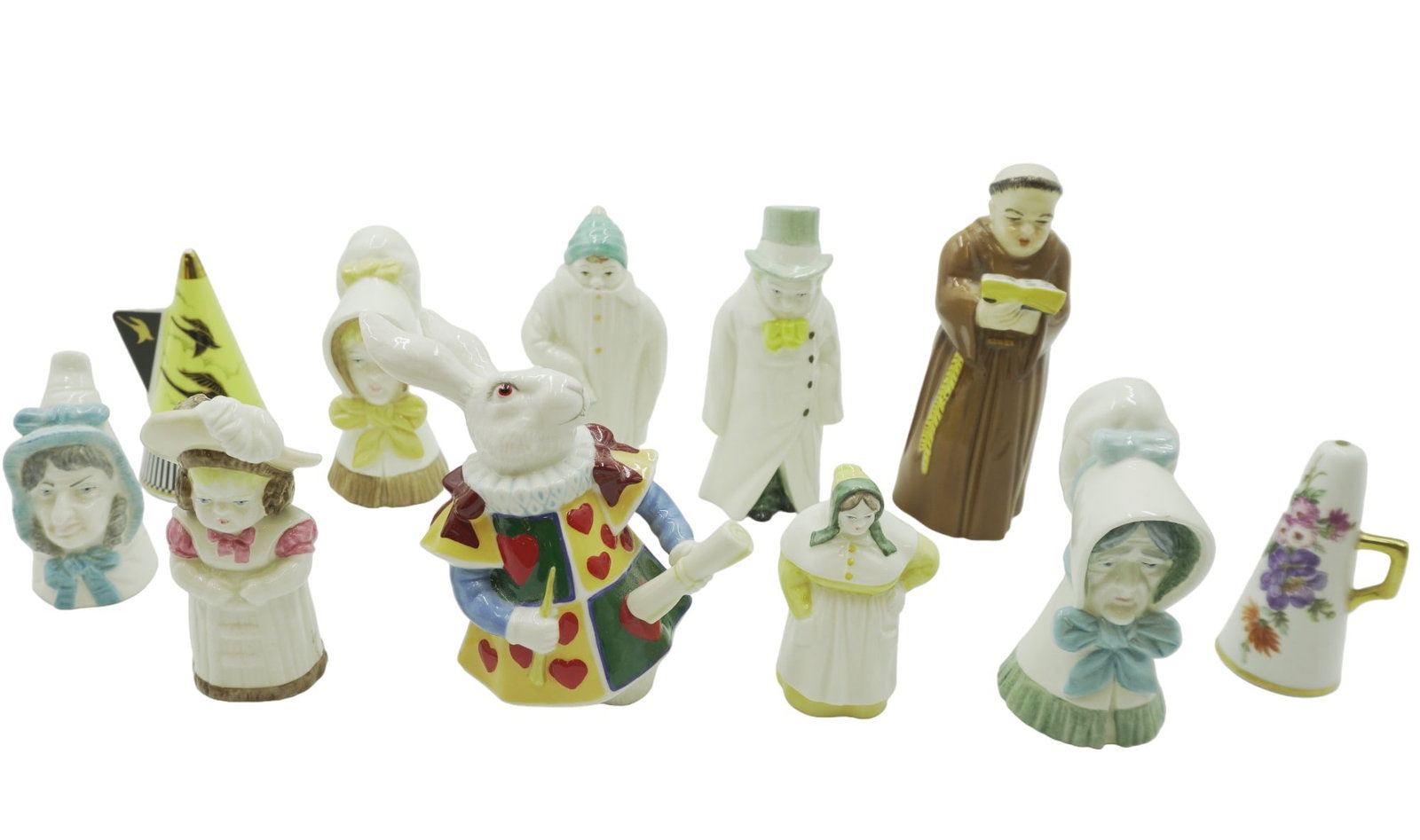 11 CANDLE SNUFFERS ROYAL WORCESTER +: 11 Vintage Bone China Candle Snuffer. 9 by Royal Worcester, young girl, old woman, mrs. caudle, feathered hat, french cook, budge, toddie, monk and homeward bound. 1 Hammersley floral. 1 Dept 56 White