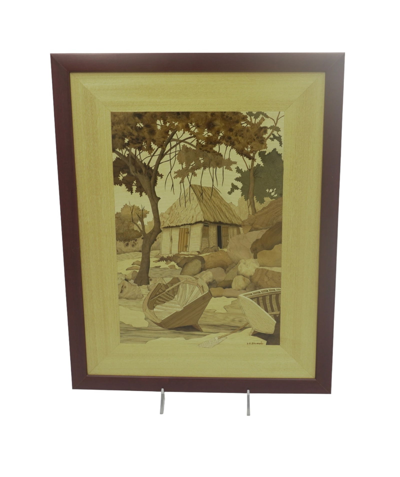 JEAN- PIERRE STRAUB ORIGINAL MARQUETRY AR: From the Studio Gallery of Jean-Pierre Straub in St. Martin, French West Indies comes this original Marquetry Inlaid Island Scene. 18.5"x14.4"x1/2". Weight 2 lb 6 oz. Born in Strasbourg in the fifties