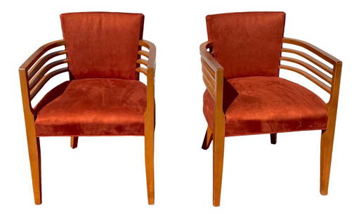 KNOLL ART DECO ARM CHAIRS - A PAIR: Pair of amazing and dramatic 4 arm rung Art Deco arm chairs. set of two dining armchairs made by Spinneybeck for Knoll. The chairs are made in a sculptural art deco modern style from hardwood frames T