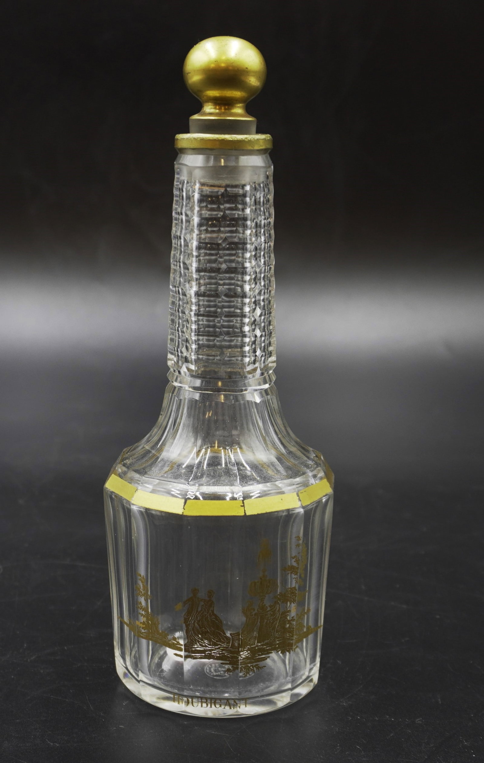BACCARAT 1930s HOUBIGANT FLACON PERFUME 7.75": Baccarat 1930s cut glass flacon / perfume with gold gilding decorated with a courting scene in the Louis XV style. 2.5"x7.75" Weight 1 lb
