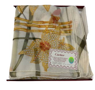 CARTIER NIB LOTUS FLOWERS BAMBOO & INSECTS WRAP: NIB Cartier Lotus Flowers Bamboo & Insects on Cream 70" x 26" Silk Scarf or Wrap. With tag, authenticity card and original box. Ib vox 9.5"x9.25"x1/2". Weight 8 oz.