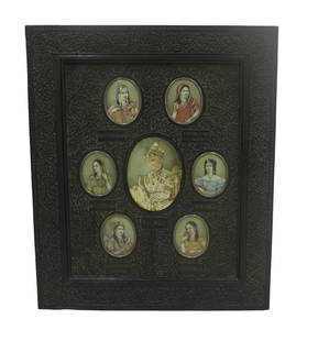 ANTIQUE INDIAN MUGHAL ROYAL MINIATURE PORTRAITS: A lot of antique Indian miniature watercolor portraits on oval plaques made of natural materials. Mughal Empire period, 1526 to 1858. A total of seven plaques in a common ornate carved ebony frame