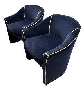 PAIR OF MCM CUSTOM VELVET BARREL BACK CHAIRS: Sleek Pair of Vintage Blue Velvet Upholstered Barrel Back MCM Style Chairs. Measures 31"H x 28"W x 27"D