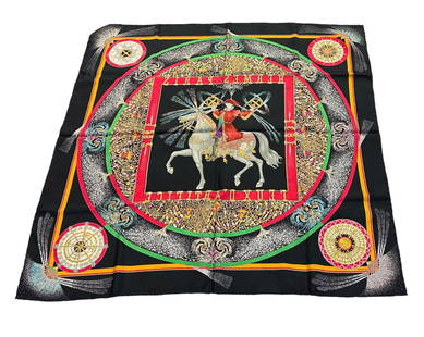 HERMES FEUX D'ARTIFICE SILK SCARF IN BOX: Vintage 1987 Hermes Feux d'Artifice by Michel Duchene 100% Pure Silk Scarf in the original box with tissue and Hermes card and envelope for gift giving. Meticulously hand sewn and hand rolled to the