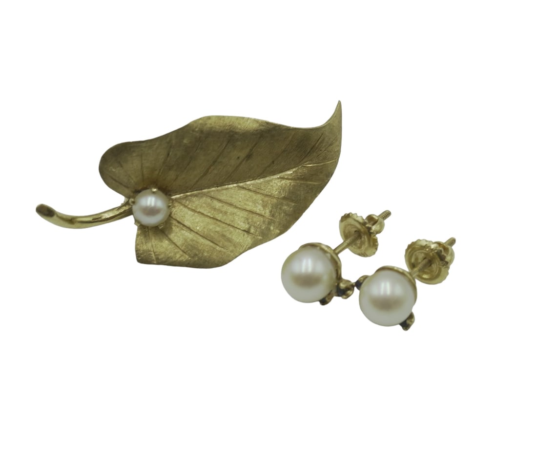 2 pc 14K YELLOW GOLD PEARL BROOCH & EARRINGS (1 of 5)