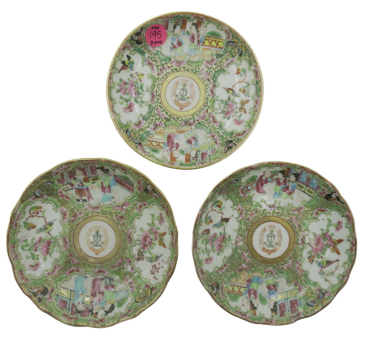3 ANTIQUE CHINESE HAND PAINTED ARMORIAL SAUCERS: 3 antique chinese hand painted armorial saucers with central crest of the Ormistone Family of Kelso near Roxburgh, Scotland with their motto "Felicior quo certior". The surer the happier. Circa 1850s.
