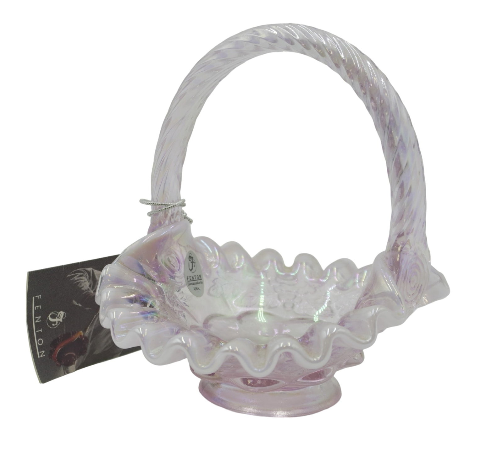 VINTAGE FENTON ART GLASS PINK OPALESCENT BASKET: Vintage Fenton Art Glass Pink Opalescent Basket. 5,5"x4.5"x6". Weight 14 oz. PROVENANCE: The estate of a Charleston SC Fenton Dealer and noted Glass Collector.