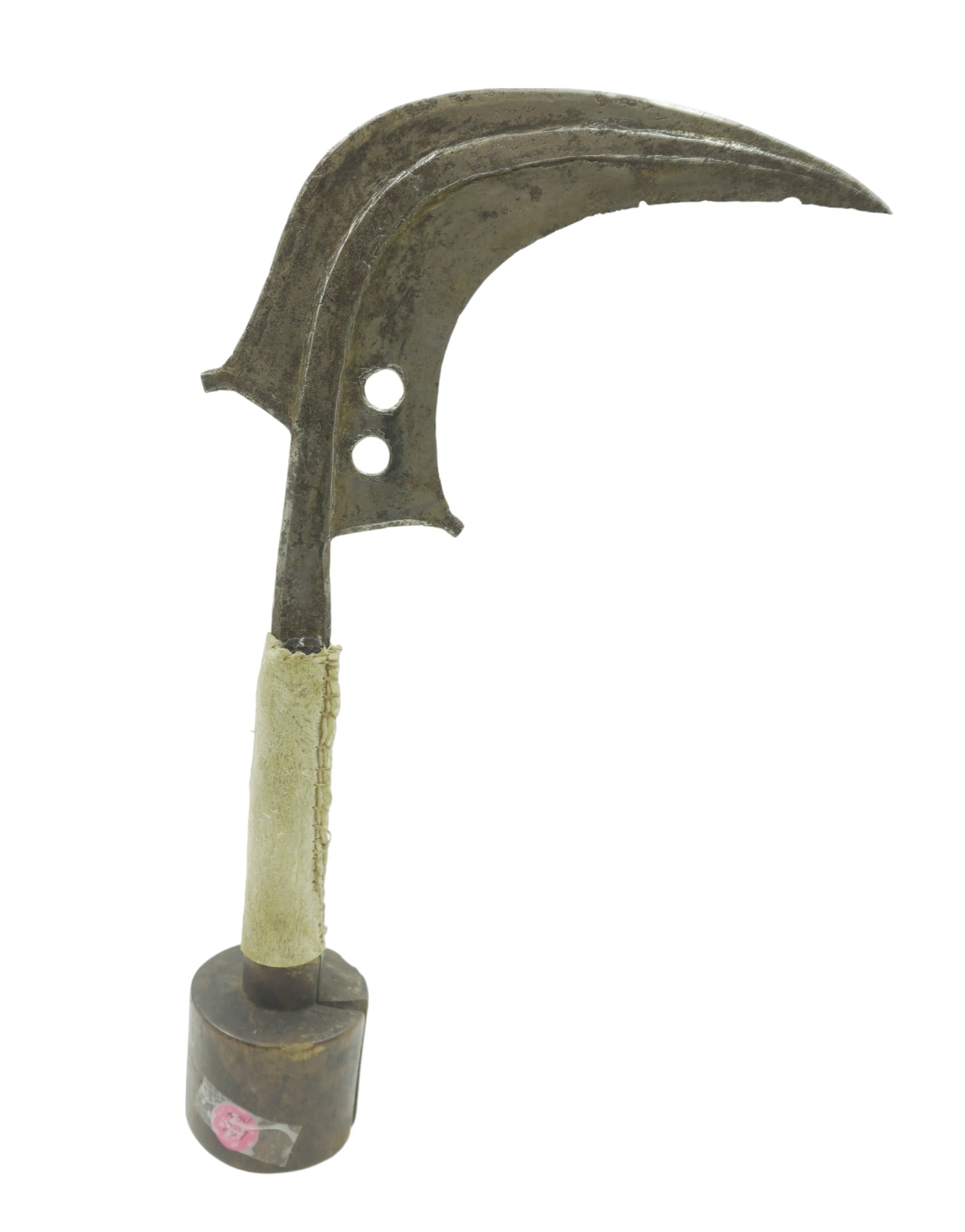 MANGBETU TRUMBASH CONGO CEREMONIAL KNIFE: Mangbetu Trumbash curved ceremonial knife. Wood, Antelope Hide and Steel. Democratic Republic of Congo. 9"x2.5-"x15". Weight 1l b 6 oz.