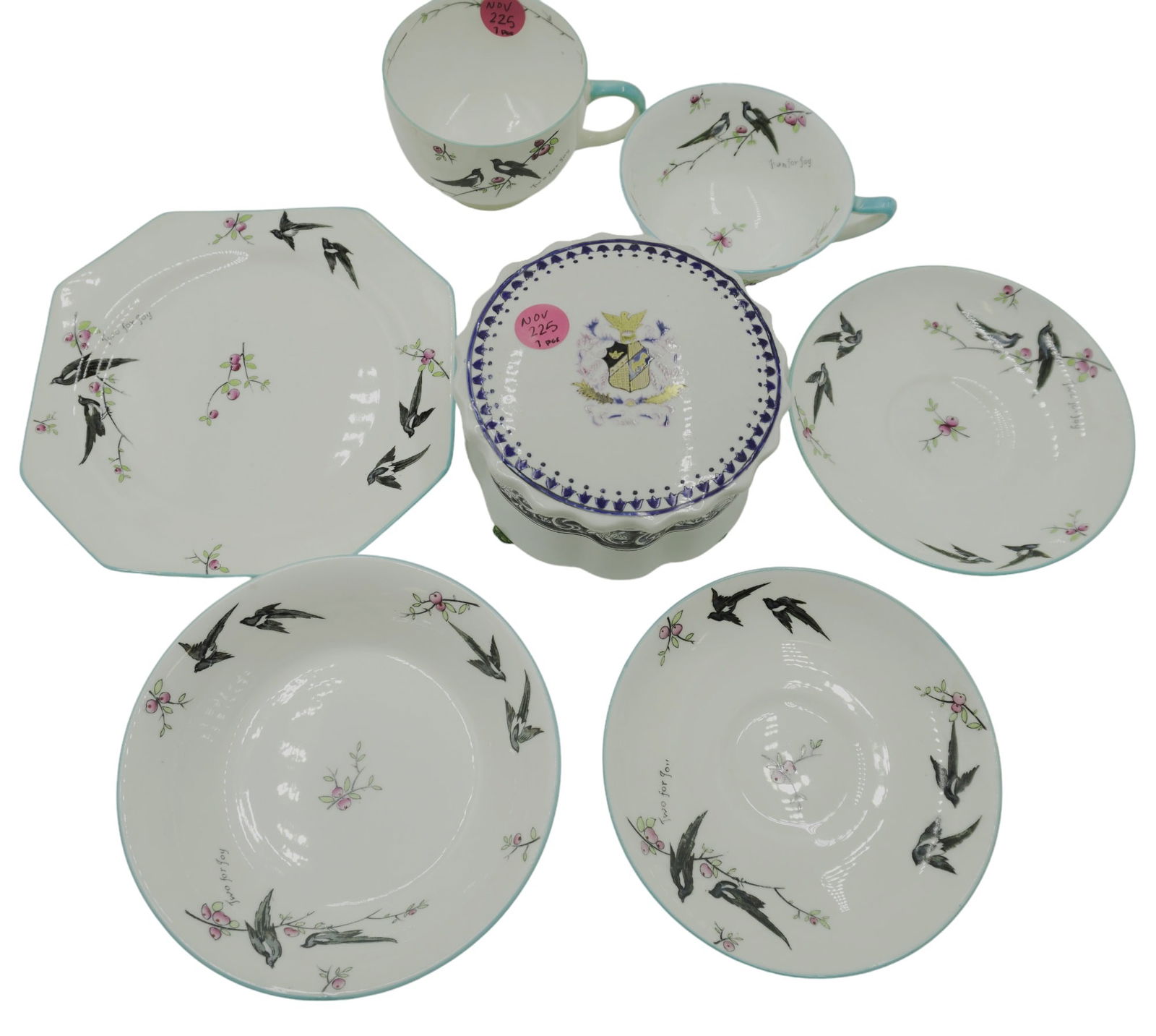 PARAGON PRINCESS ELIZABETH BIRTH CHINA AND MAITLAND-SMITH CANNISTER - 7 PIECES: Paragon China "Two for Joy" pattern pieces made for the birth of Princess Elizabeth. 2 octagonal plates, 2 saucers, 1 bowl, 2 teacups. bone china produced circa 1926. Maitland-Smith vintage round lidd