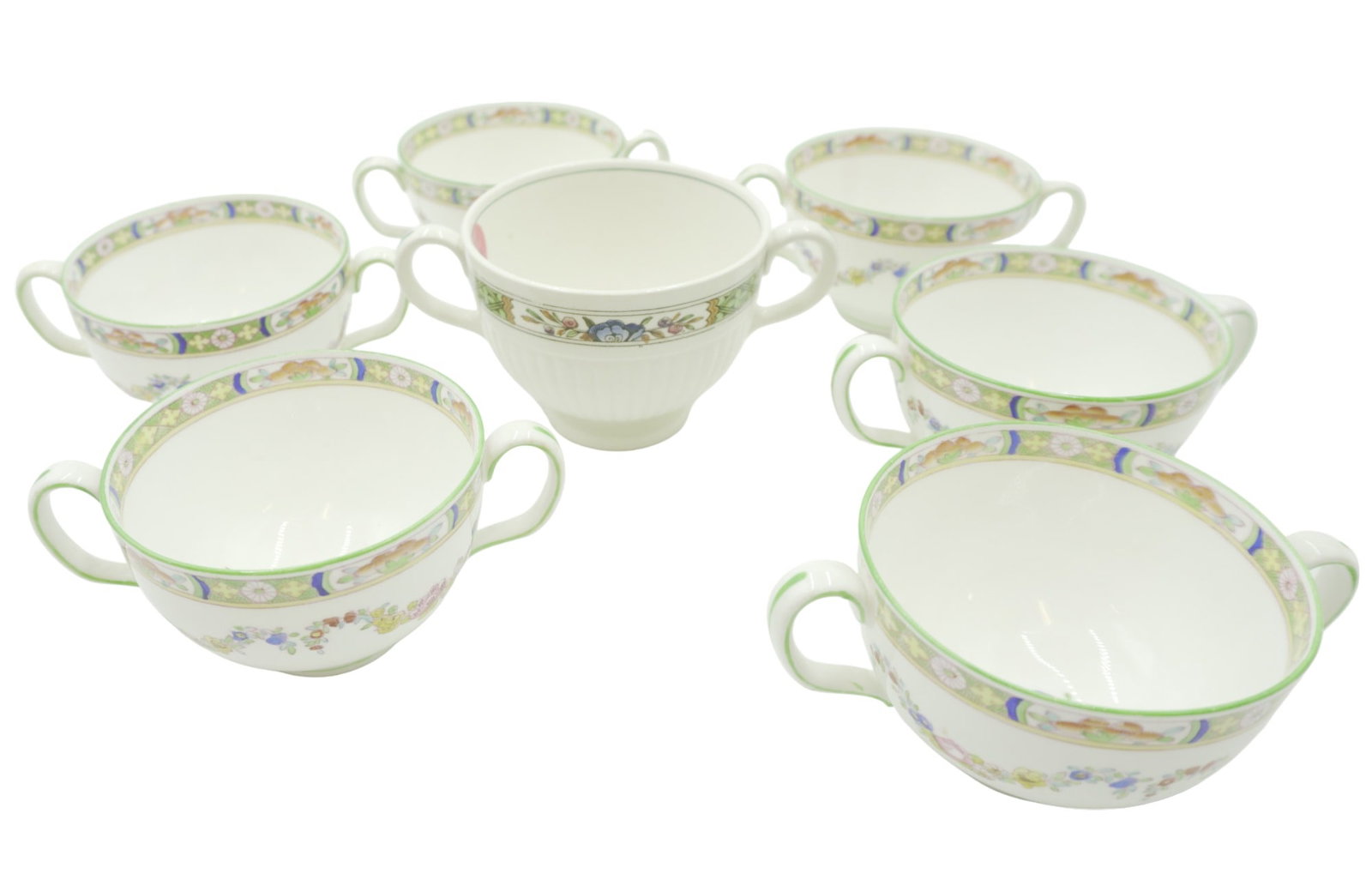 WEDGWOOD ETRURIA AND MINTONS CREAM SOUP CUPS - 7 PIECES: Wedgwood Etruria and Mintons cream soup cups featuring floral motif trim. Total lot weight is 1 lb 9.4 oz.