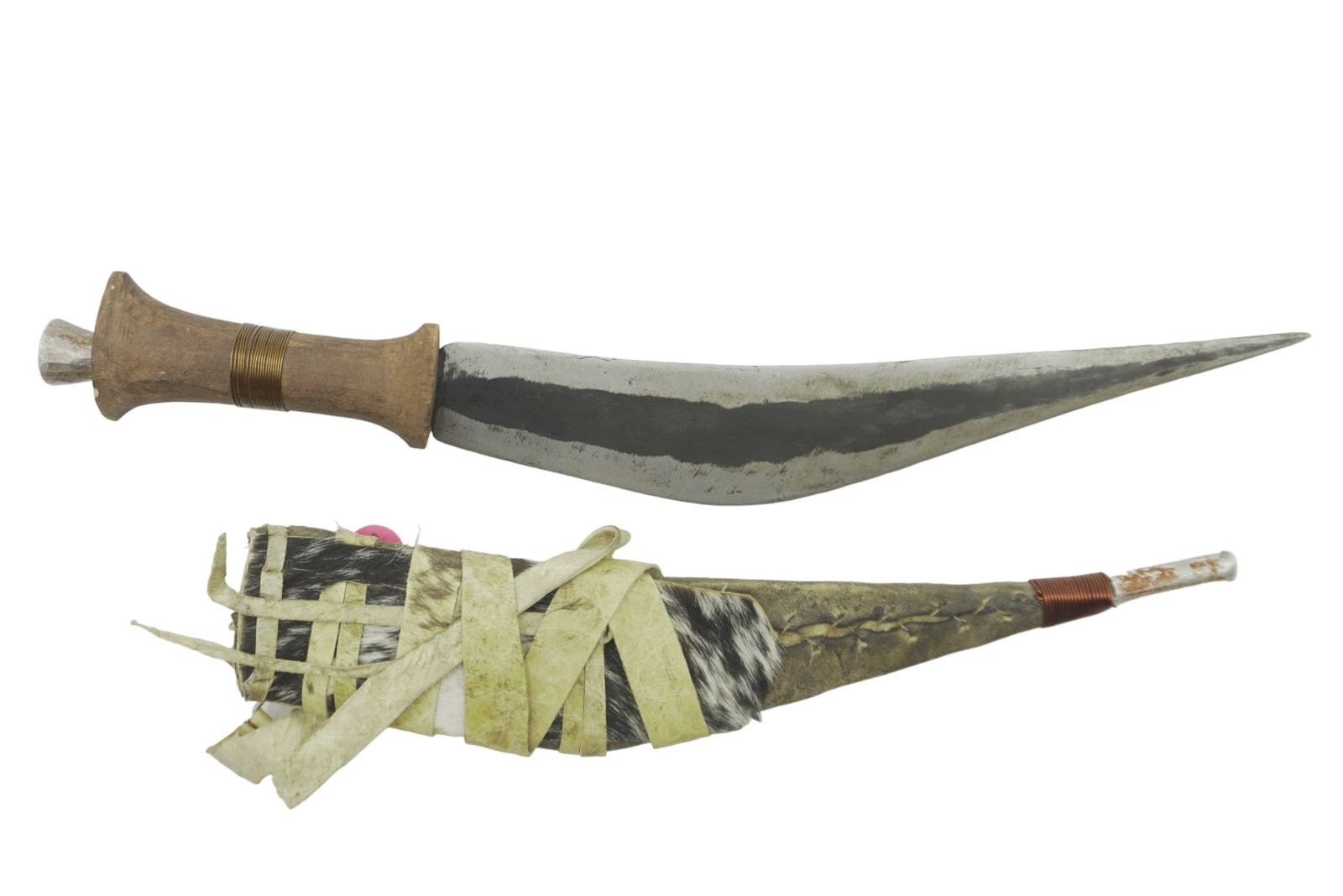 VINTAGE KHUKRI KNIFE WITH HIDE SHEATH: Khukuri Khukri Kukri Knife With Hide Sheath. Measures 3"x1"x17.25". Weight 1 lb.