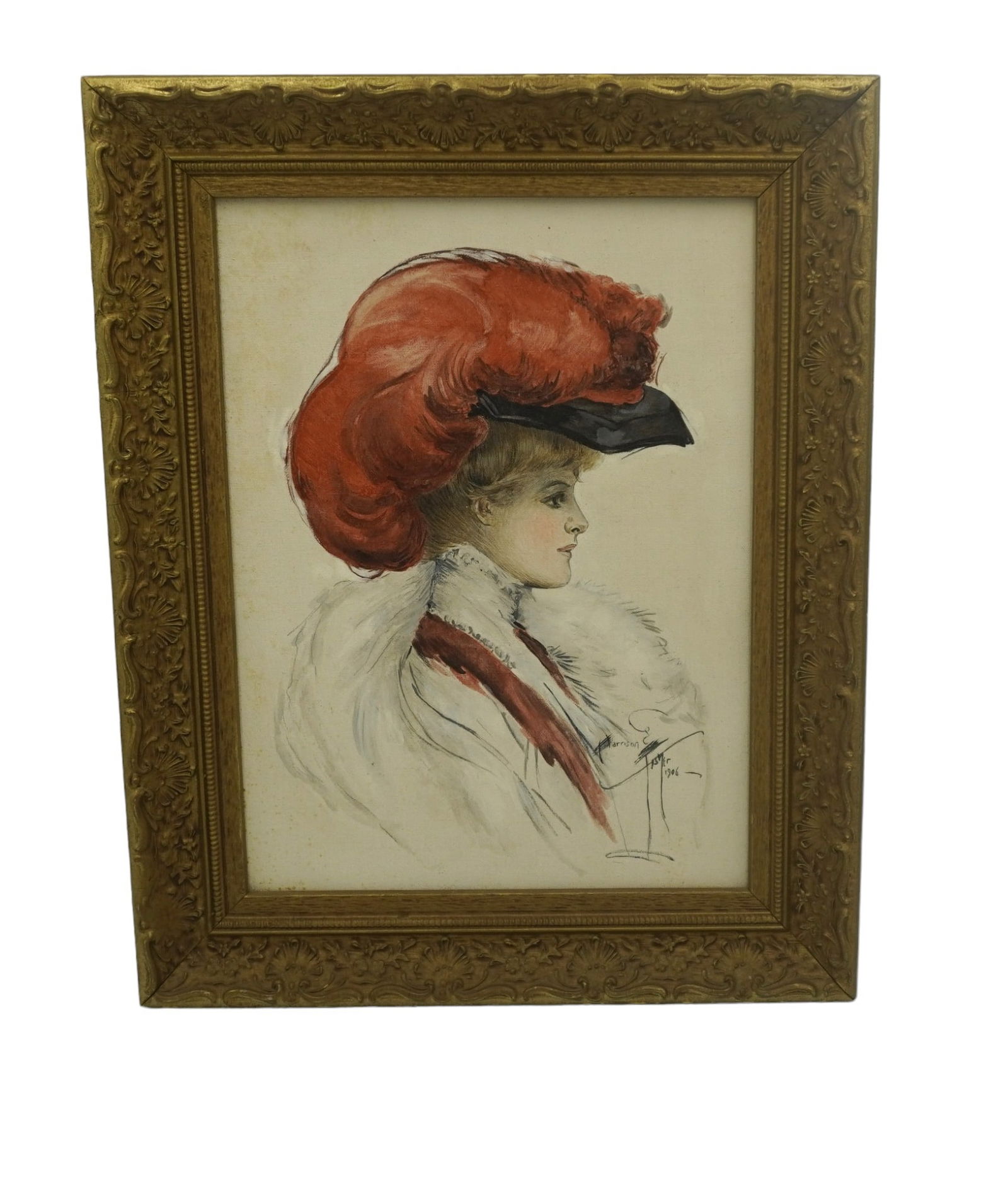 HARRISON FISHER LADY WITH A PLUMED HAT: Harrison Fisher Vintage Print on Canvas. Lady with a Plumed Hat. In Wood & Gesso Frame 20.25"x16.5"x1.5". Weight 3 lbs