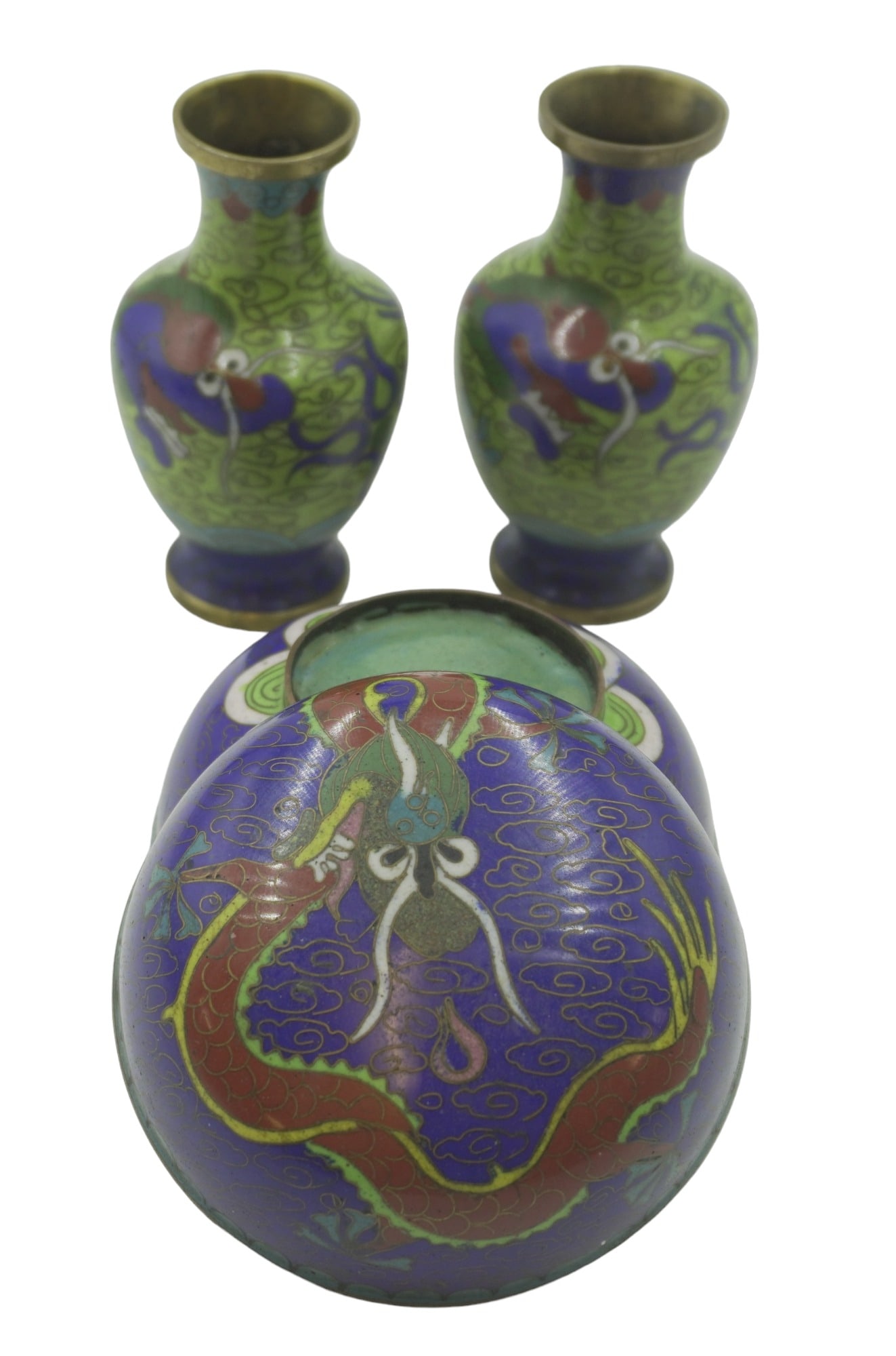 3 VINTAGE CHINESE DRAGON CLOISONNE BOX & VASES (1 of 8)