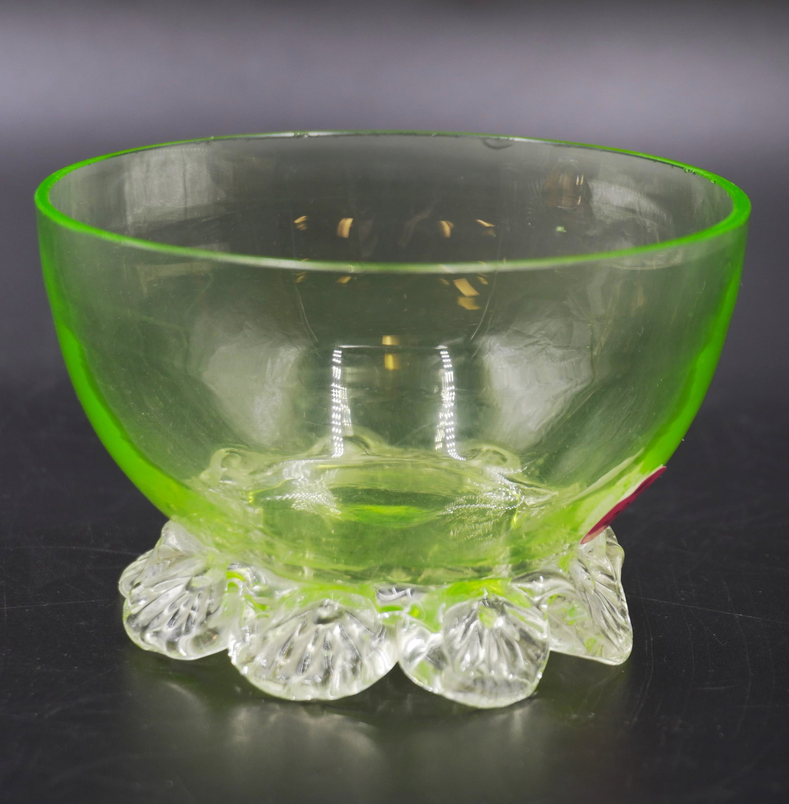 VINTAGE VASELINE OPEN CANDY BOWL: Antique Webb Vaseline Open Bowl with Applied Petal Feet, 4 1/2"x3. Weight 10 oz