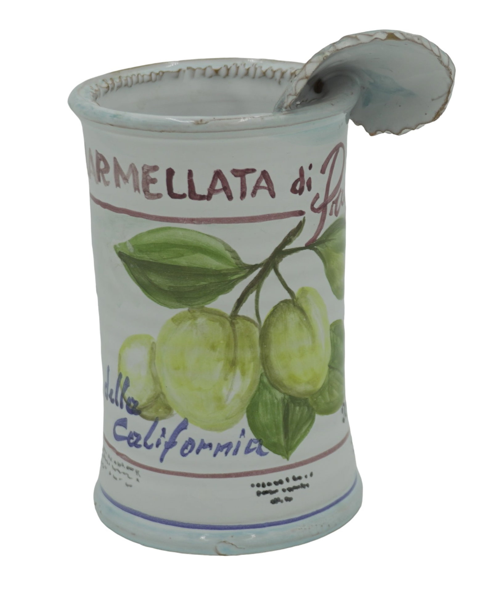 ITALIAN TERRA COTTA MARMELLATA CAN: Italian Terracotta Hand Painted Marmellata Can from Capri. Measures 4"x3"x5.5". Weight 12 oz. PROVENANCE: A Private Estate, 1016 Fifth Avenue, NYC directly across from the Metropolitan Museum.