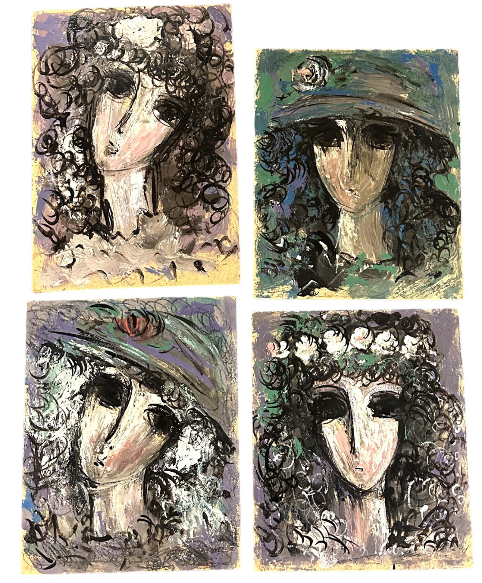 4 MCM PAINTINGS OF WOMEN ON MASONITE: Four (4) Original Mid Century 1960-70 Acrylic on Masonite Paintings of Women. Largest 15.5"x22". Weight combined 6 lbs