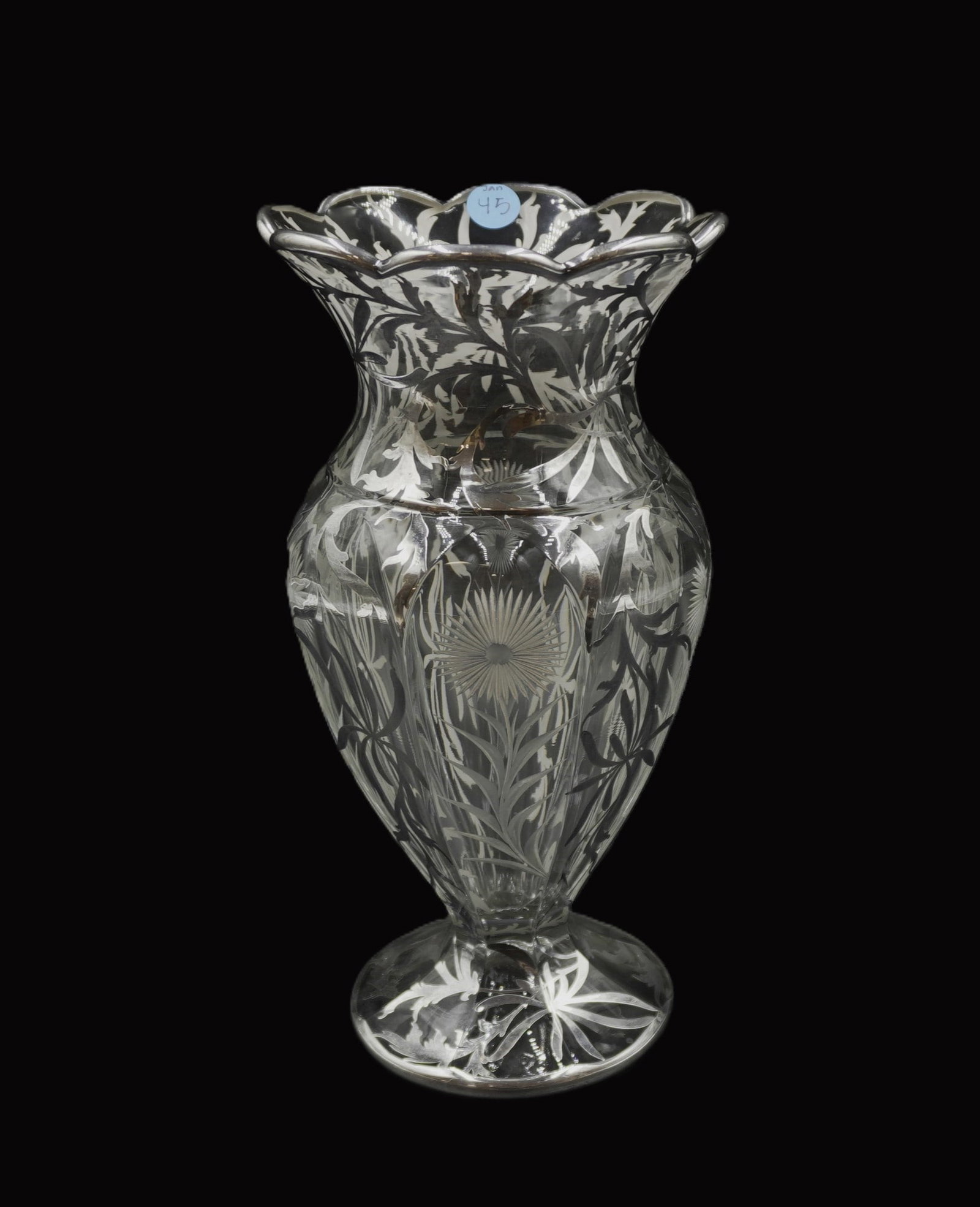 ANTIQUE ART NOUVEAU STERLING SILVER OVERLAY AND ETCHED GLASS VASE: Antique sterling silver and etched glass Art Nouveau vase, featuring beautiful floral and leaf designs. Circa 1910s. Measures 12" x 5" and weighs 4 lbs 11.5 oz.