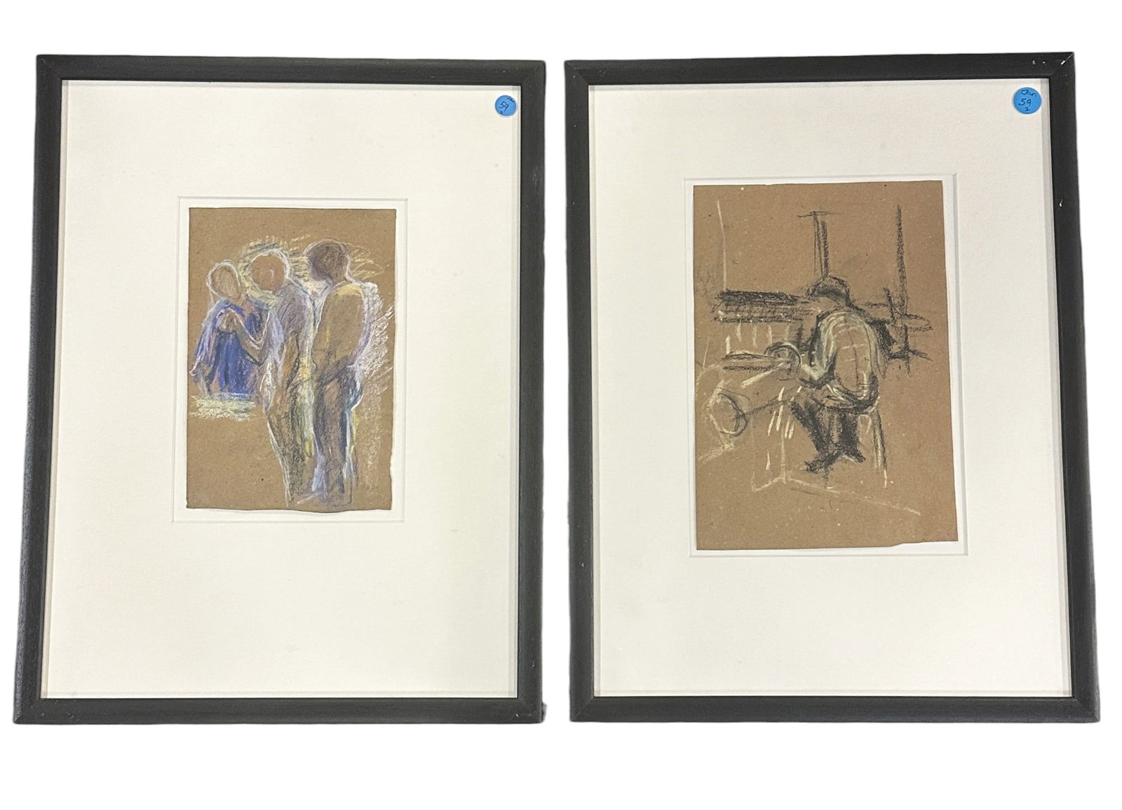 2 ORIGINAL 1970s GERMAN CHARCOAL & CHALK FRAMED (1 of 4)