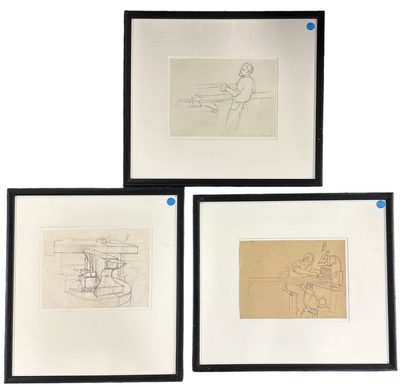3 ORIGINAL GERMAN INDUSTRIAL SKETCHES BRIAN FITZGIBBON PROFESSIONALLY FRAMED: 3 Original German Industrial Sketches by Brian Fitzgibbon. Professionally framed and matted. Each 21"x23.5"x1". Weight on all combined 20 lbs. Brian Fitzgibbon’s first verified exhibition was Brian 