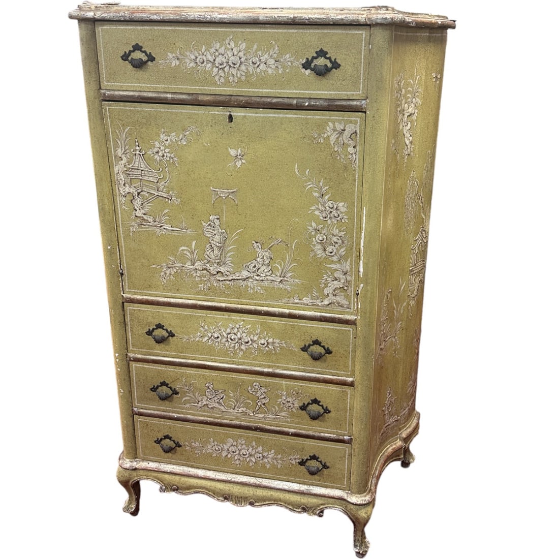 ANTIQUE FALL FRONT FRENCH STYLE CHINOISERIE PAINTED WRITING BUREAU CHEST (1 of 9)